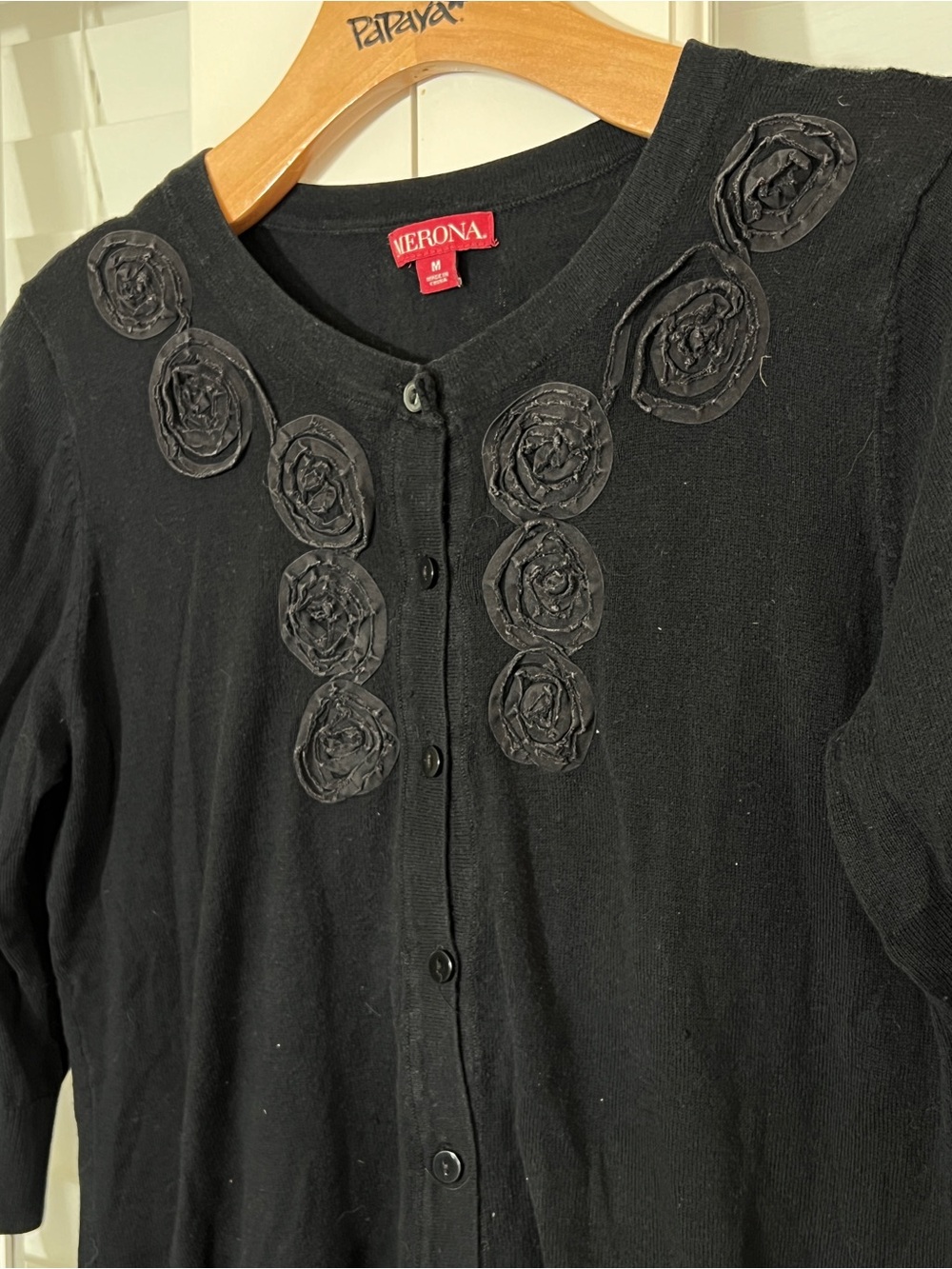 Black 3/4 Sleeve Cotton Button Up Cardigan With Rosettes-Size M, WhimseyGoth